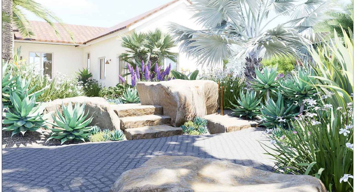 Landscape design render of the entrance steps and water basin at Villa Farol