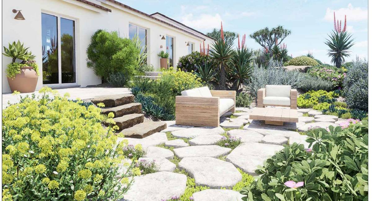 Landscape design render of the terrace and seaward elevation at Villa Palmeira