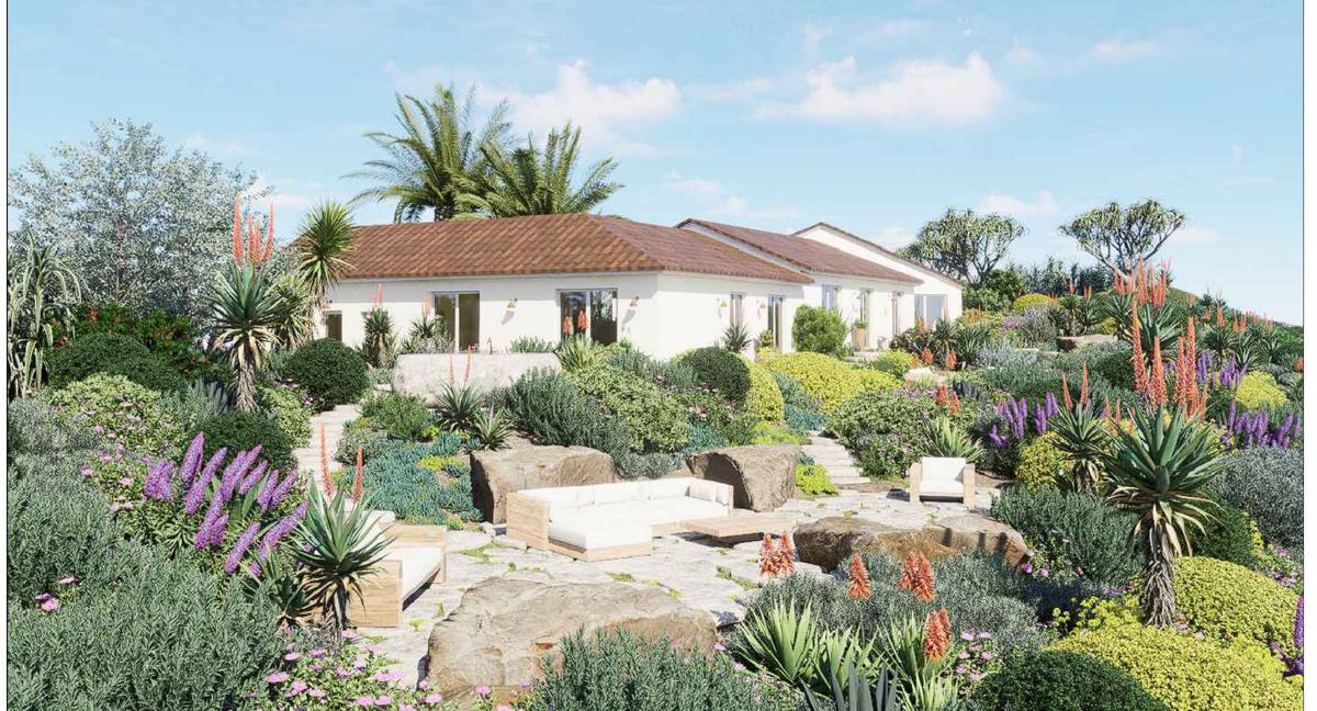 Landscape design render of the three villas seen from the garden