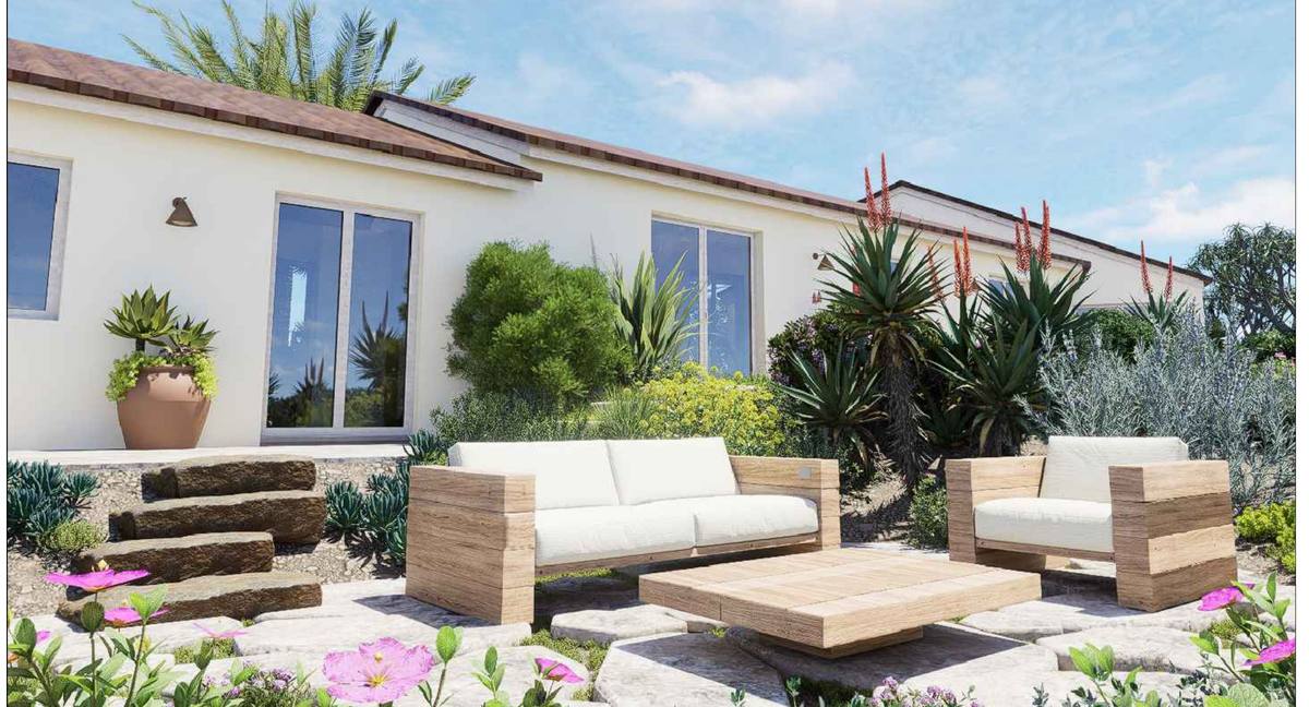 Landscape design render of the terrace seating at Villa Veleiro
